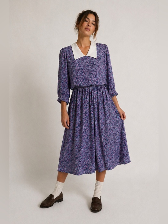 Vintage Dresses & Skirts - Vintage 70s 80s Floral Midi Dress White Collar Prairie Cottagecore M